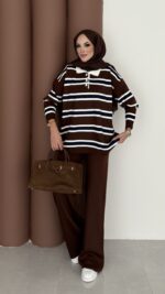 Pinterest Polo Yaka Çizgili Triko Takım - Kahverengi