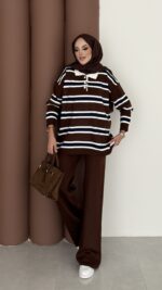 Pinterest Polo Yaka Çizgili Triko Takım - Kahverengi - Görsel 4