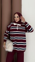 Pinterest Polo Yaka Çizgili Triko Takım - Bordo - Görsel 7