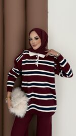 Pinterest Polo Yaka Çizgili Triko Takım - Bordo - Görsel 8