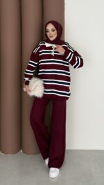 Pinterest Polo Yaka Çizgili Triko Takım - Bordo - Görsel 3