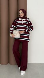 Pinterest Polo Yaka Çizgili Triko Takım - Bordo - Görsel 2