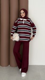 Pinterest Polo Yaka Çizgili Triko Takım - Bordo - Görsel 4
