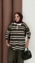 Pinterest Polo Yaka Çizgili Triko Takım - Haki - Görsel 5