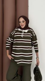 Pinterest Polo Yaka Çizgili Triko Takım - Haki - Görsel 6