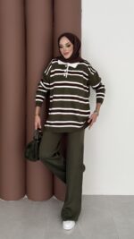 Pinterest Polo Yaka Çizgili Triko Takım - Haki - Görsel 2