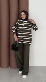 Pinterest Polo Yaka Çizgili Triko Takım - Haki - Görsel 4