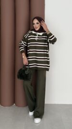 Pinterest Polo Yaka Çizgili Triko Takım - Haki - Görsel 3