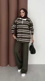 Pinterest Polo Yaka Çizgili Triko Takım - Haki