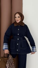 Ekose Desen Denim İkili Takım - Koyu Mavi - Görsel 7