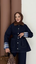 Ekose Desen Denim İkili Takım - Koyu Mavi - Görsel 6