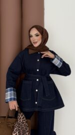 Ekose Desen Denim İkili Takım - Koyu Mavi - Görsel 5