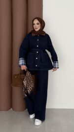 Ekose Desen Denim İkili Takım - Koyu Mavi - Görsel 4