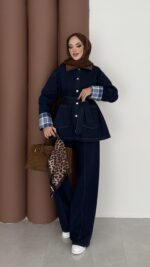 Ekose Desen Denim İkili Takım - Koyu Mavi - Görsel 3