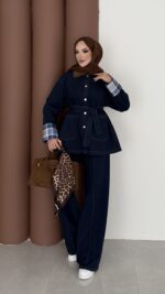 Ekose Desen Denim İkili Takım - Koyu Mavi