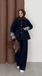 Ekose Desen Denim İkili Takım - Koyu Mavi - Görsel 2