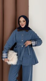 Ekose Desen Denim İkili Takım - Açık Mavi - Görsel 6