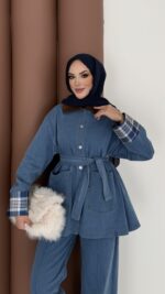 Ekose Desen Denim İkili Takım - Açık Mavi - Görsel 5