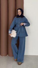 Ekose Desen Denim İkili Takım - Açık Mavi - Görsel 4