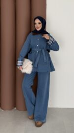 Ekose Desen Denim İkili Takım - Açık Mavi - Görsel 3