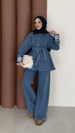 Ekose Desen Denim İkili Takım - Açık Mavi - Görsel 2