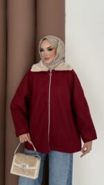 Muadil Kürk Yaka Kaşe Ceket - Bordo