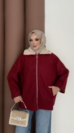 Muadil Kürk Yaka Kaşe Ceket - Bordo - Görsel 2