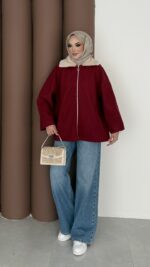 Muadil Kürk Yaka Kaşe Ceket - Bordo - Görsel 4