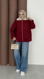 Muadil Kürk Yaka Kaşe Ceket - Bordo - Görsel 5