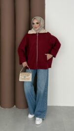 Muadil Kürk Yaka Kaşe Ceket - Bordo - Görsel 3