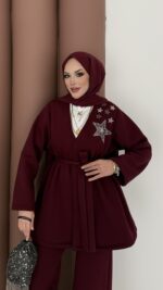 Yıldız Nakışlı Şardonlu İkili Takım - Bordo - Görsel 7