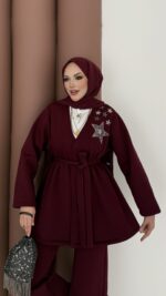 Yıldız Nakışlı Şardonlu İkili Takım - Bordo - Görsel 4