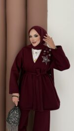 Yıldız Nakışlı Şardonlu İkili Takım - Bordo - Görsel 5