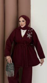 Yıldız Nakışlı Şardonlu İkili Takım - Bordo - Görsel 6