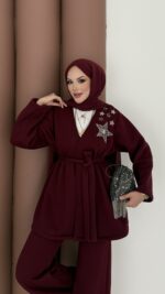 Yıldız Nakışlı Şardonlu İkili Takım - Bordo - Görsel 3