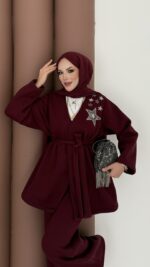 Yıldız Nakışlı Şardonlu İkili Takım - Bordo