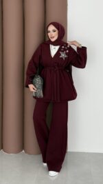 Yıldız Nakışlı Şardonlu İkili Takım - Bordo - Görsel 8