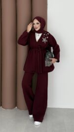 Yıldız Nakışlı Şardonlu İkili Takım - Bordo - Görsel 2