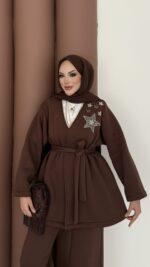 Yıldız Nakışlı Şardonlu İkili Takım - Kahverengi