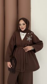 Yıldız Nakışlı Şardonlu İkili Takım - Kahverengi - Görsel 5