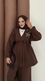 Yıldız Nakışlı Şardonlu İkili Takım - Kahverengi - Görsel 3