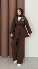 Yıldız Nakışlı Şardonlu İkili Takım - Kahverengi - Görsel 7