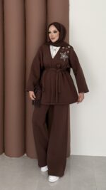 Yıldız Nakışlı Şardonlu İkili Takım - Kahverengi - Görsel 2