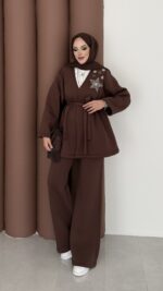 Yıldız Nakışlı Şardonlu İkili Takım - Kahverengi - Görsel 6