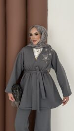 Yıldız Nakışlı Şardonlu İkili Takım - Antrasit - Görsel 7