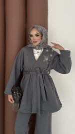 Yıldız Nakışlı Şardonlu İkili Takım - Antrasit