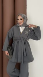 Yıldız Nakışlı Şardonlu İkili Takım - Antrasit - Görsel 6