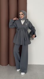 Yıldız Nakışlı Şardonlu İkili Takım - Antrasit - Görsel 4