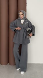 Yıldız Nakışlı Şardonlu İkili Takım - Antrasit - Görsel 3