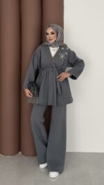 Yıldız Nakışlı Şardonlu İkili Takım - Antrasit - Görsel 5